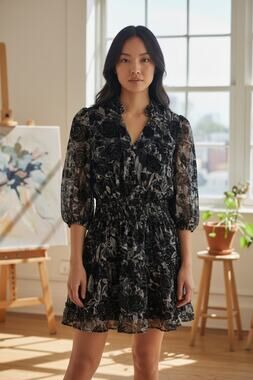 NWT $140 New O.P.T velvet chiffon dress floral black & gray sz Small